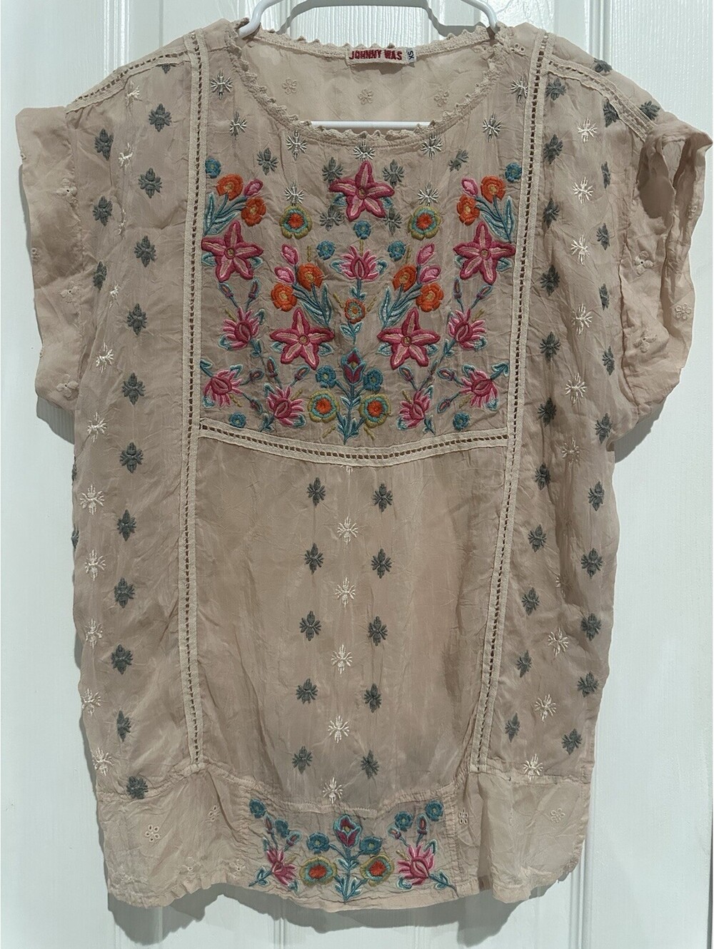 Johnny Was Austina Top Tunic Boho Embroidered Floral Cupra Premium Peach Size XS